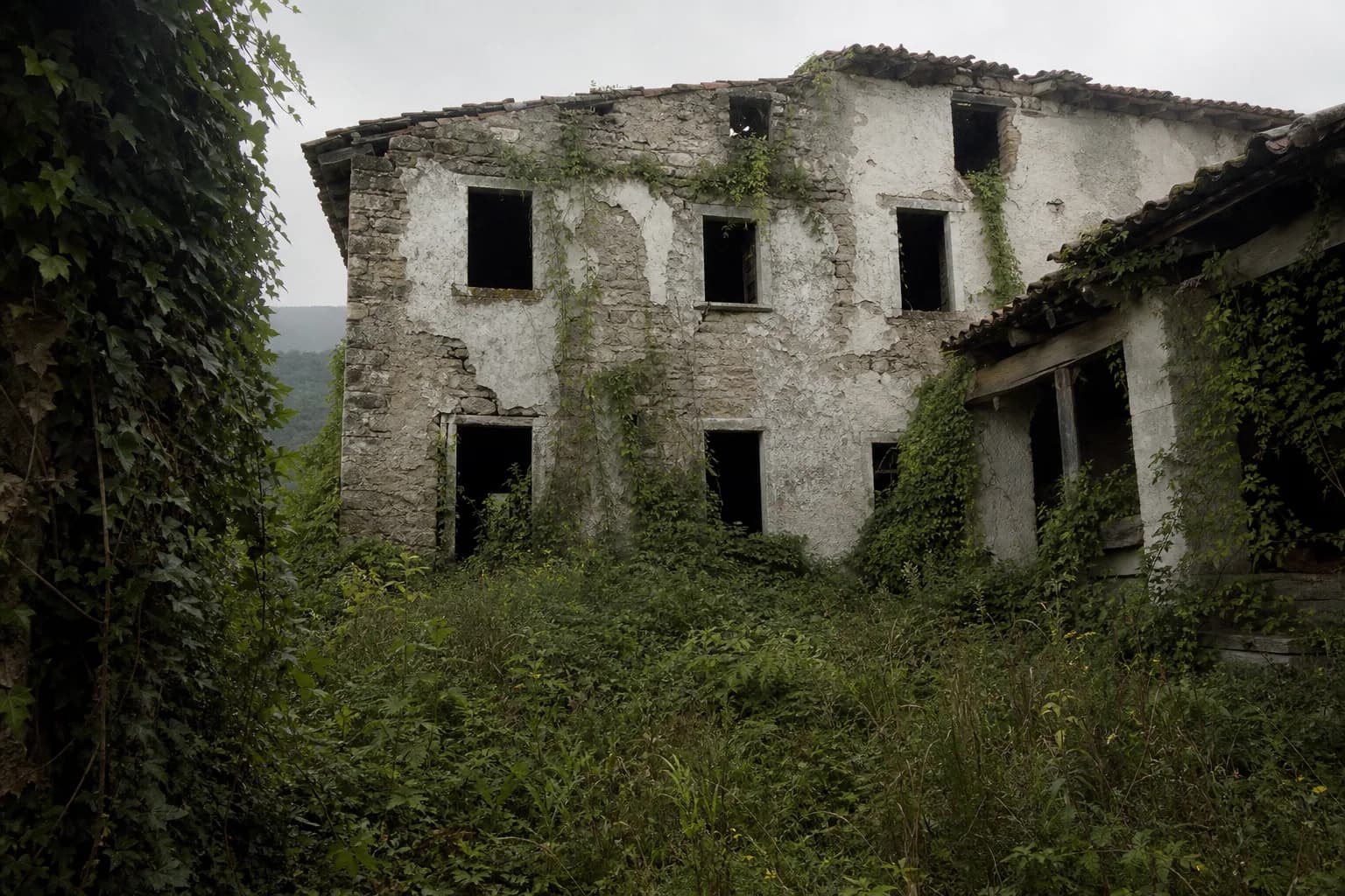 Edificio rurale abbandonato avvolto dalla vegetazione
